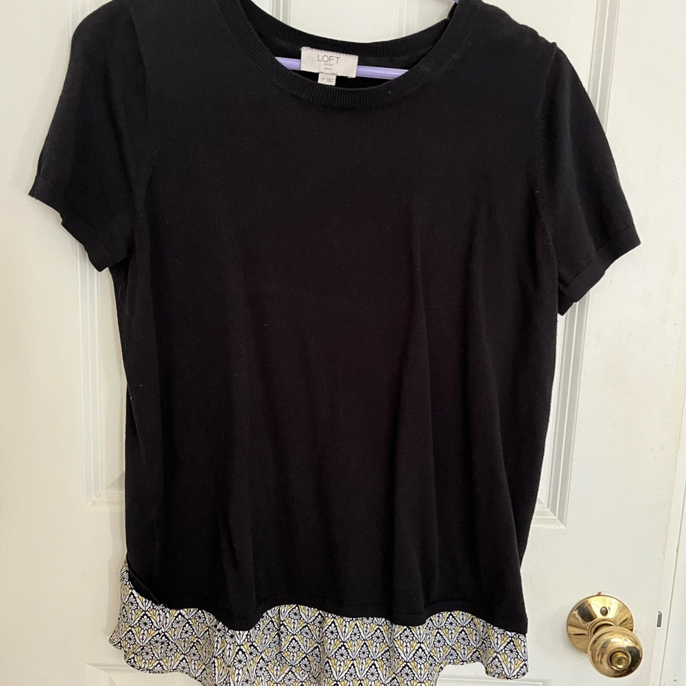 LOFT Black Short Sleeve T-Shirt with Lace Trim